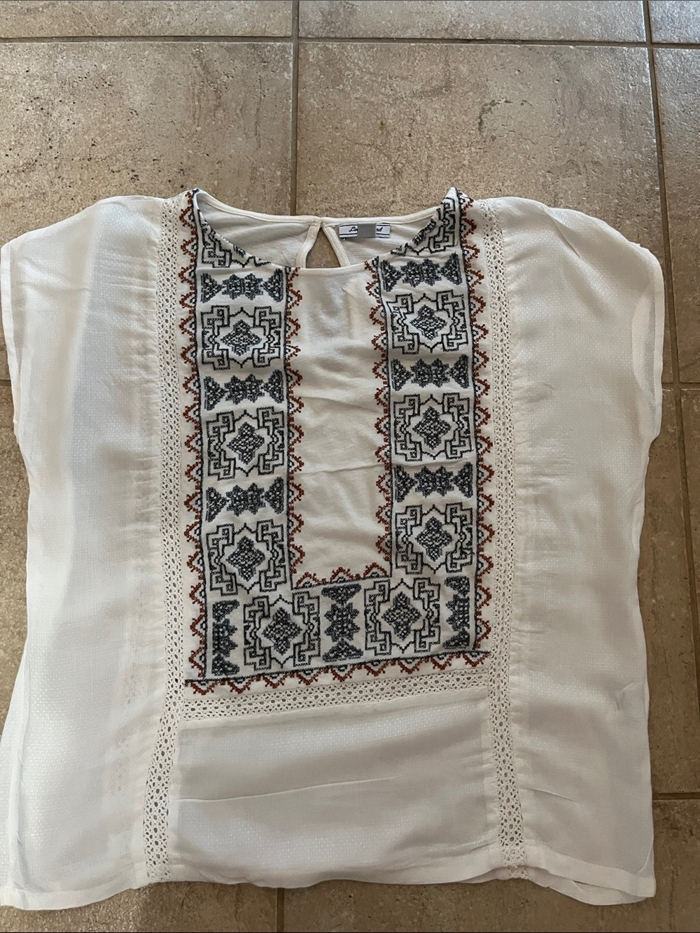 Lucky Brand Cream Peasant Blouse with Blue & Brown Embroidery